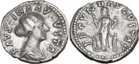 Faustina II (died 176 AD). AR Denarius, 161-176. Obv. Draped bust right. Rev. Fecunditas standing left, holding an infant in each hand; on either side...