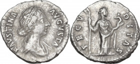 Faustina II (died 176 AD). AR Denarius, 161-176. Obv. Draped bust right. Rev. Fecunditas standing right, holding scepter and infant. RIC III (M. Aurel...