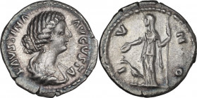 Faustina II (died 176 AD). AR Denarius. Struck under Marcus Aurelius, 170-175/6. Obv. Draped bust right. Rev. Juno standing left, holding patera and s...