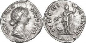 Faustina II (died 176 AD). AR Denarius, 161-176. Obv. Draped bust right, with pearls in the hair. Rev. Juno standing left, holding patera and scepter;...