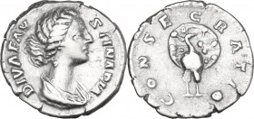 Diva Faustina II (after 176 AD). AR Denarius, 176-180. Obv. Draped bust right. Rev. Peacock standing front, tail spread. RIC III (M. Aurel.) 743. AR. ...