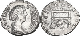 Diva Faustina II (after 176 AD). AR Denarius, 176-180. Obv. Draped bust right. Rev. Throne on which transverse sceptre placed; on front, peacock. RIC ...