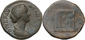 Diva Faustina II (after 176 AD). AE Sestertius. Consecration issue. Struck under Marcus Aurelius, after 176 AD. Obv. Draped bust right, hair coiled on...