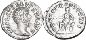 Lucius Verus (161-169). AR Denarius, 161 AD. Obv. Head right. Rev. Concorida seated left, holding patera and resting elbow on statuette of Spes; below...