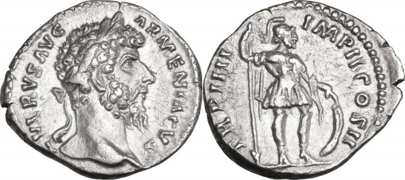 Lucius Verus (161-169). AR Denarius, struck AD 164. Obv. Bare head right. Rev. M...