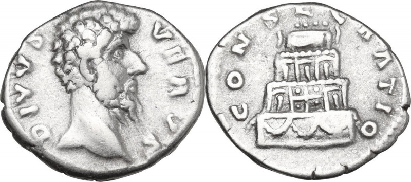 Divus Lucius Verus (died 169 AD). AR Denarius, 169 AD. Obv. Head right. Rev. Fun...