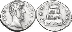 Divus Lucius Verus (died 169 AD). AR Denarius, 169 AD. Obv. Head right. Rev. Funeral pyre of four tiers. RIC III (M. Aurel.) 596B. AR. 2.96 g. 19.00 m...