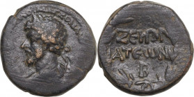 Lucius Verus (161-169). AE 22 mm, Zeugma mint (Commagene). Obv. Laureate, draped and cuirassed bust left. Rev. ZEVΓM-ATEWN B in three lines within wre...