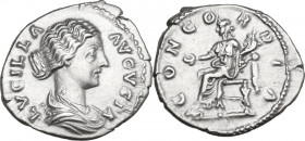 Lucilla, wife of Lucius Verus (died 183 AD). AR Denarius, 164-180. Obv. Draped bust right. Rev. Concordia seated left, holding patera and cornucopiae....