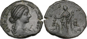 Lucilla, wife of Lucius Verus (died 183 AD). AE Sestertius, struck under Marcus Aurelius, 161-162 AD. Obv. Draped bust right, hair coiled in bun at ba...