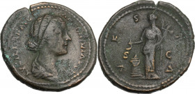 Lucilla, wife of Lucius Verus (died 183 AD). AE As, 164-169. Obv. Bust right, draped. Rev. Vesta standing left, veiled, holding simpulum and palladium...