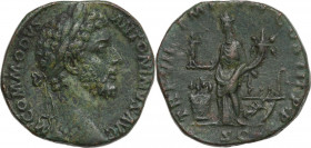 Commodus (177-193). AE Sestertius, 181-182. Obv. Laureate head right. Rev. Annona standing left, holding statuette and cornucopiae; to left, modius wi...