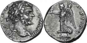 Septimius Severus (193-211). AR Denarius, 195-196. Obv. Laureate head right. Rev. Victory advancing left, holding wreath and palm frond over shoulder....