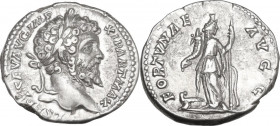 Septimius Severus (193-211). AR Denarius, 197-200. Obv. Laureate head right. Rev. Frotuna standing right, holding cornucopiae and rudder; to left, pro...