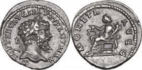 Septimius Severus (193-211). AR Denarius, 197-200. Obv. Laureate head right. Rev. Moneta seated left, holding scales and cornucopiae. RIC IV 135Ab. AR...