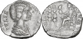 Julia Domna (died 217 AD). AR Denarius, 196-211. Obv. Draped bust right. Rev. Empress seated left, holding phoenix on globe and sceptre; to left, two ...