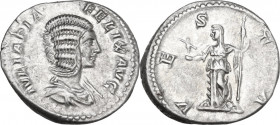 Julia Domna (died 217 AD). AR Denarius, 211-217. Obv. Draped bust right. Rev. Vesta standing left, holding palladium and scepter. RIC IV (Carac.) 390....