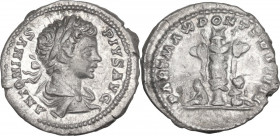 Caracalla (198-217). AR Denarius, 201 AD. Obv. Laureate and draped bust right. Rev. Trophy; on either side, seated captive. RIC IV 54b. AR. 2.90 g. 19...