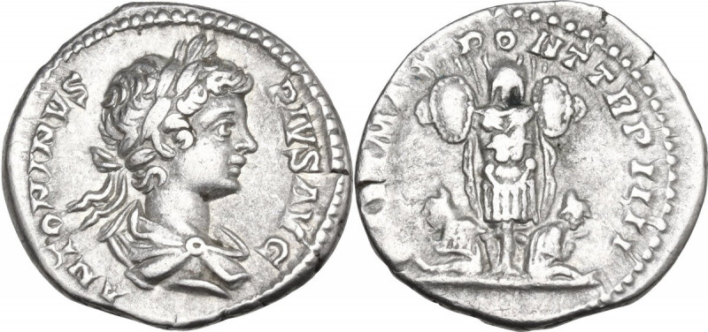 Caracalla (198-217). AR Denarius, 201 AD. Obv. Laureate and draped bust right. R...