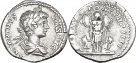 Caracalla (198-217). AR Denarius, 201 AD. Obv. Laureate and draped bust right. Rev. Trophy; on either side, seated captive. RIC IV 54b. AR. 3.55 g. 19...