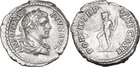 Caracalla (198-217). AR Denarius, 205 AD. Obv. Laureate, draped and cuirassed bust right. Rev. Mars, naked but for cloak on left shoulder, standing le...