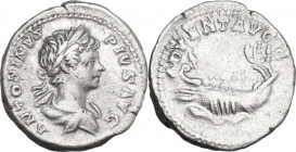 Caracalla (198-217). AR Denarius, 201-206 AD. Obv. Laureate and draped bust right. Rev. Galley left. RIC IV 120; C. 3. AR. 3.70 g. 19.00 mm. R. Light ...