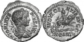 Caracalla (198-217). AR Denarius, 201-206 AD. Obv. ANTONINVS PIVS AVG. Laureate and draped bust right. Rev. INDVLGENTIA AVGG. The Dea Caelestis, holdi...