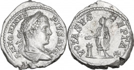 Caracalla (198-217). AR Denarius, 201-206. Obv. Laureate and draped bust right. Rev. Emperor standing left, capite velato, holding patera; to left lig...