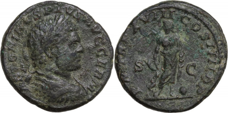 Caracalla (198-217). AE As. Struck AD 215. Obv. Laureate, draped, and cuirassed ...