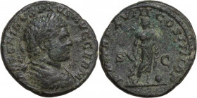 Caracalla (198-217). AE As. Struck AD 215. Obv. Laureate, draped, and cuirassed bust right. Rev. Asclepius standing facing, leaning on serpent-entwine...