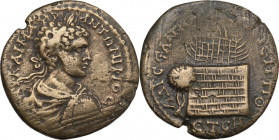 Caracalla (198-217). AE 30 mm, 207 AD. Amasias mint, Pontos. Obv. Laureate and cuirassed bust right. Rev. Large altar of Zeus Stratios, on it a burnin...