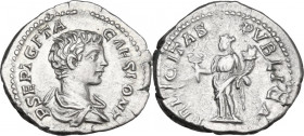 Geta (198-212). AR Denarius, 200-202. Obv. Draped bust right. Rev. Felicitas standing left, holding caduceus and cornucopiae. RIC IV 9A. AR. 3.46 g. 1...