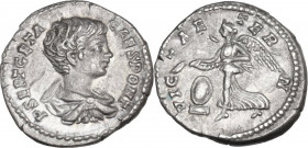 Geta (198-212). AR Denarius, 200-202. Obv. Draped and cuirassed bust right. Rev. Victory advancing left, holding garland over shield. RIC IV 23. AR. 2...