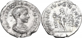 Diadumenian (218 AD). AR Fourreé Denarius. Obv. Bare-headed, draped and cuirassed bust right. Rev. Diadumenian standing front, head right, holding sta...