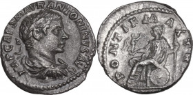 Elagabalus (218-222). AR Denarius, 218 AD. Obv. Laureate, draped and cuirassed bust right. Rev. Roma seated left, holding Victory and scepter; shield ...