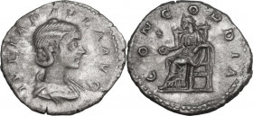 Julia Paula, first wife of Elagabalus (218-222). AR Denarius, 219-220. Obv. Draped bust right. Rev. Concordia seated left, holding patera and resting ...