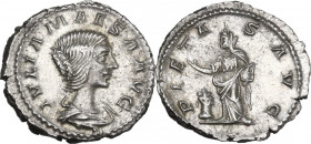 Julia Maesa (died 225 AD). AR Denarius, 218-222. Obv. Draped bust right. Rev. Pietas standing left, raising right hand and holding box in left; to lef...