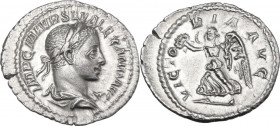 Severus Alexander (222-235 AD). AR Denarius, AD 225. Obv. Laureate and draped bust right. Rev. Victory advancing left, holding wreath and palm. RIC IV...