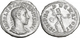 Severus Alexander (222-235). AR Denarius, 231-235. Obv. Laureate and draped bust right. Rev. Jupiter standing left, head right, hurling thunderbolt an...