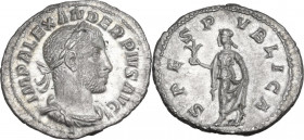 Severus Alexander (222-235 AD). AR Denarius, AD 232. Obv. Laureate and draped bust right. Rev. Spes advancing left, holding flower and raising hem of ...