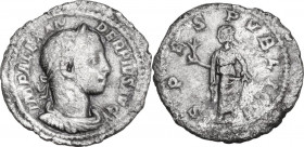 Severus Alexander (222-235 AD). AR Quinarius. Obv. Laureate, draped and cuirassed bust right. Rev. Spes advancing left, holding branch and raising ski...