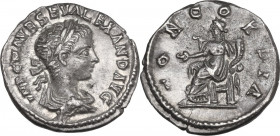 Severus Alexander (222-235). AR Denarius, Antioch mint. Obv. Laureate, draped and cuirassed bust right. Rev. Concordia seated left, holding patera and...