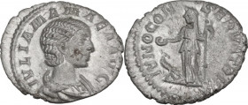 Julia Mamaea, mother of Severus Alexander (died 235 AD). AR Denarius, 1st emission of Severus Alexander, AD 222. Obv. Draped bust right. Rev. Juno Con...