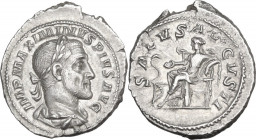 Maximinus I (235-238). AR Denarius, 235-236 AD. Obv. Laureate, draped and cuirassed bust right. Rev. Salus seated left on throne feeding snake from pa...