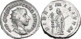 Gordian III (238-244). AR Antoninianus, 238-239. Obv. Radiate, draped and cuirassed bust right. Rev. Fides standing left, holding standard and transve...