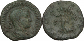 Gordian III (238-244). AE Sestertius, 238-239 AD. Obv. Laureate, draped and cuirassed bust right. Rev. Victory advancing left, holding wreath and palm...