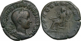 Gordian III (238-244). AE Sestertius, 240 AD. Obv. Bust right, laureate, draped, cuirassed. Rev. Concordia seated left, holding patera and double corn...
