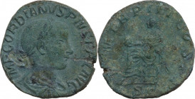 Gordian III (238-244). AE Sestertius, 240 AD. Obv. Laureate, draped and cuirassed bust right. Rev. Emperor seated left, holding globe. RIC IV 294. AE....