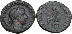 Gordian III (238-244). AE As, AD 243. Obv. Laureate, draped, and cuirassed bust right. Rev. Apollo seated left, holding branch and resting elbow on ly...