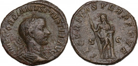 Gordian III (238-244). AE Sestertius, 243 AD. Obv. IMP GORDIANVS PIVS FEL AVG.Laureate, draped and cuirassed bust right. Rev. SECVRITAS PERPETVA SC. S...